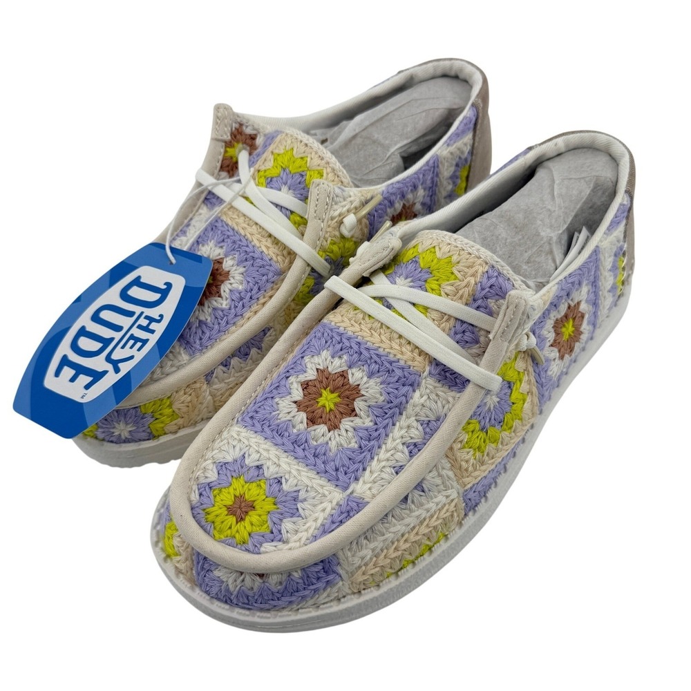 Hey Dude Wendy Cottage Crochet Slip On Shoe Lavender Women 6 Granny Square NWT